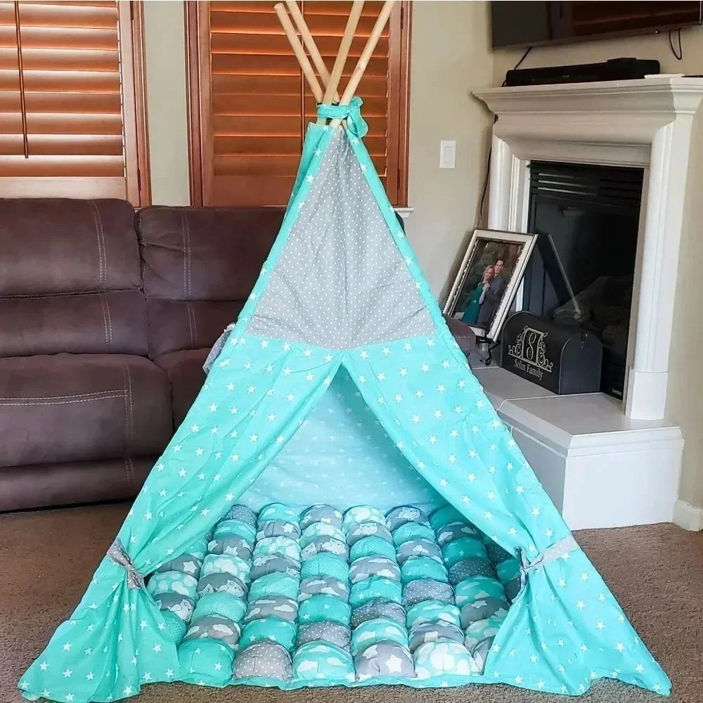 Kids Play Tent Teepee In Mint & Gray with Rug!